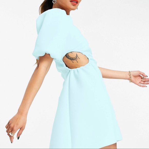 ASOS DESIGN puff sleeve cut out channelled aline mini dress in mint - Picture 1 of 6